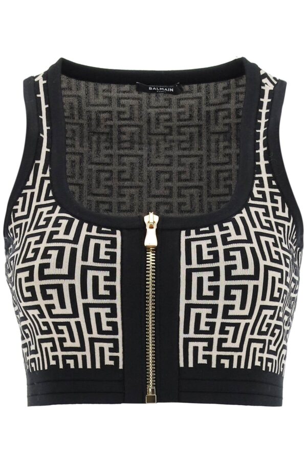 BALMAIN MONOGRAM TECHNICAL-WOOL CROPPED TOP